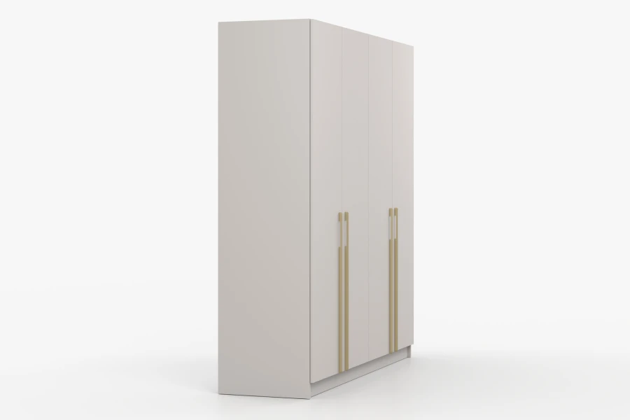 Seitenansicht des minimalistischen beigen 4-Türer Kleiderschranks mit goldenen Design-Griffen.