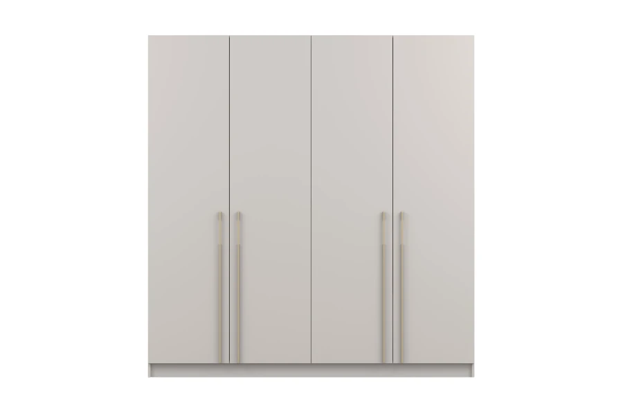 Frontansicht eines minimalistischen 4-türigen Kleiderschranks in Beige mit eleganten Goldgriffen.