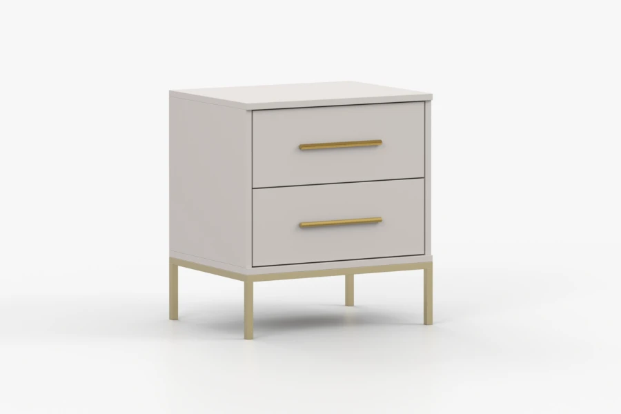Hellgrauer Nachtschrank mit 2 Schubladen, goldenen Griffen und Füßen in modernem Design.