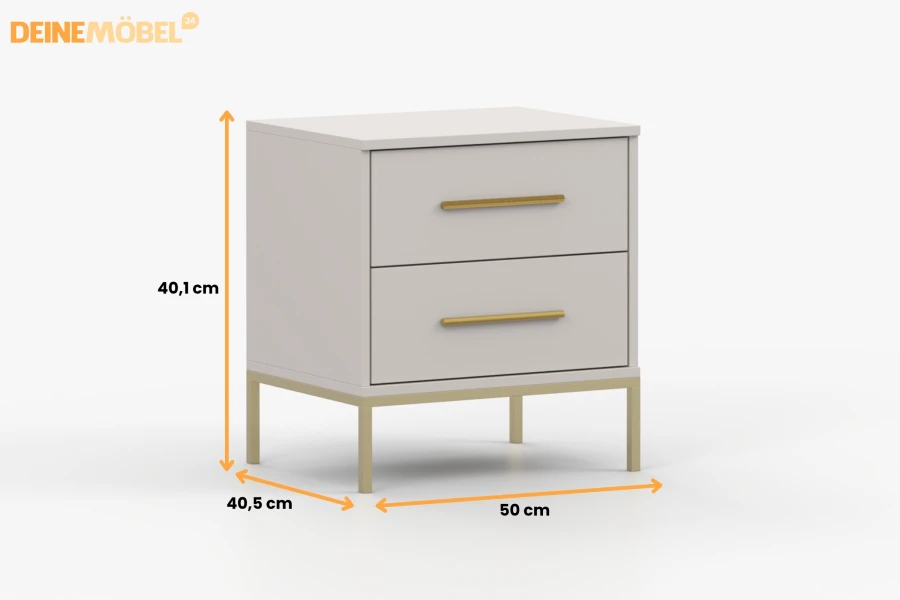 Detaillierte Maßangaben für hellgrauen Nachtschrank: 50 cm x 40,5 cm x 40,1 cm.