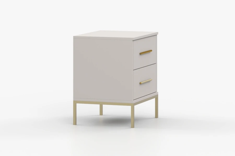 Minimalistischer grauer Nachtschrank mit goldfarbenen Details, Ansicht von der Seite.