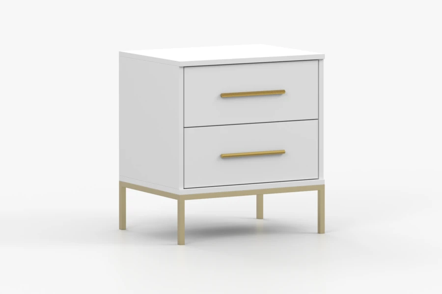 Weißer Nachtschrank mit Goldbeinen und zwei Schubladen, schräge Seitenansicht rechts.