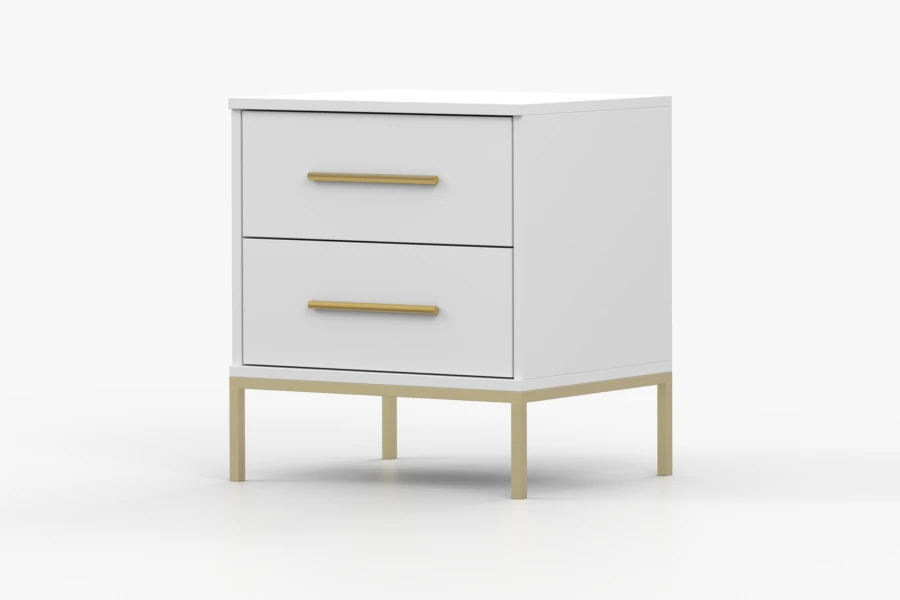 Weißer Design-Nachttisch mit zwei Schubladen und goldenen Beinen, Ansicht links.