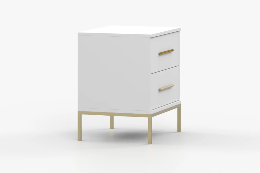 Seitenansicht eines modernen weißen Beistelltisches mit eleganten Goldfüßen und Schubladen.