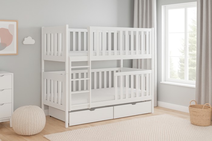 White wooden bunk bed for children with integrated drawers in a bright children's room.