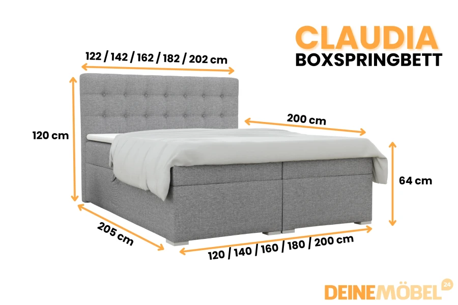 Graues Boxspringbett Claudia mit Maßen: Stilvolles Schlafzimmermöbel mit Komfort-Garantie.