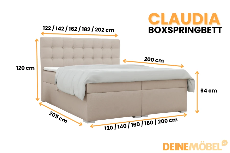 Beiges Boxspringbett Claudia mit Maßen, gemütliches Polsterbett mit gestepptem Kopfteil.
