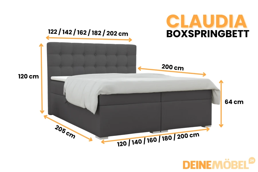 Dunkelgraues Boxspringbett Claudia Anthrazit mit Maßen, elegantes Design für Ihr Schlafzimmer.