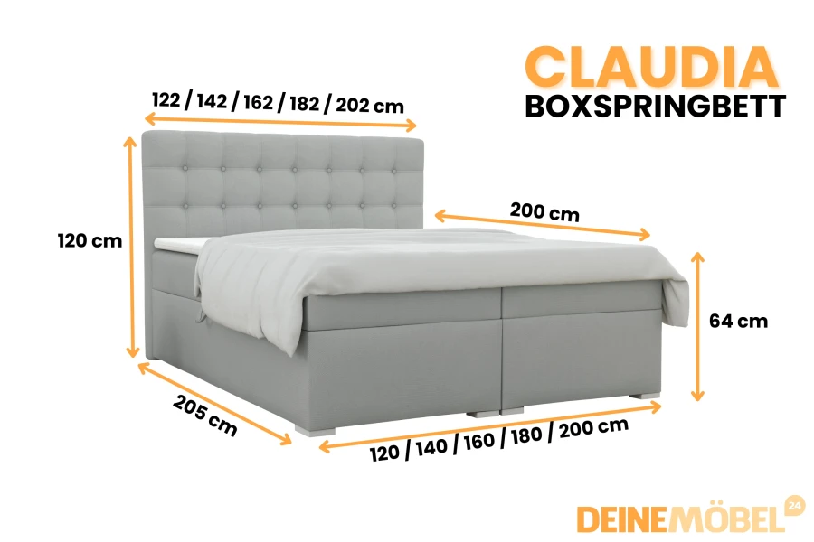 Graues Boxspringbett Claudia mit Abmessungen: Breite 120-200 cm, Kopfteilhöhe 120 cm, Tiefe 205 cm.