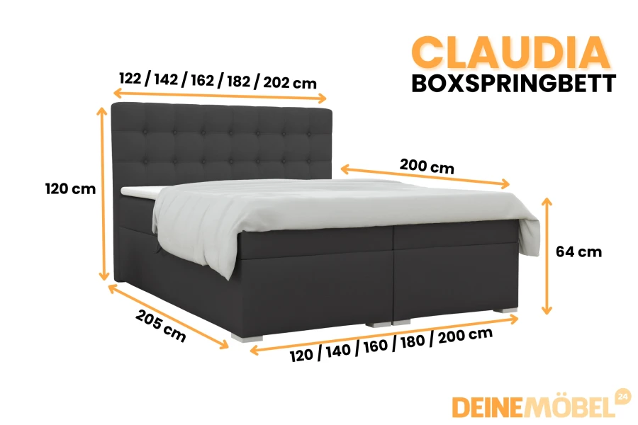 Anthrazit Boxspringbett Claudia mit detaillierten Abmessungen für Ihr Schlafzimmer.