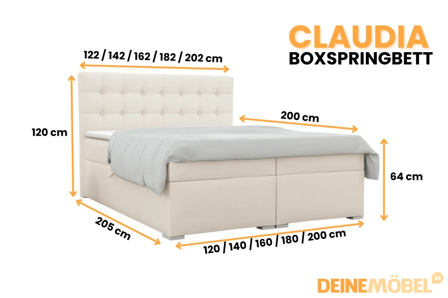 Claudia Boxspringbett Cremeweiß Maße: Breite 120-200cm, Tiefe 205cm, modernes Design