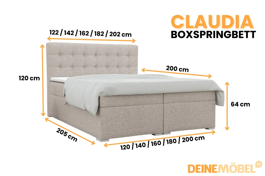 Boxspringbett Claudia Beige mit Maßen, elegantes Polsterbett in verschiedenen Größen.