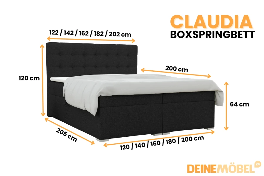 Boxspringbett Claudia in Anthrazit mit Maßen: 120 cm Höhe und variablen Breiten von 120 bis 200 cm.