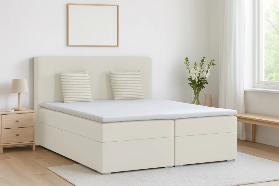 Modernes hellbeige Boxspringbett in einem hellen Schlafzimmer mit minimalistischer Einrichtung.