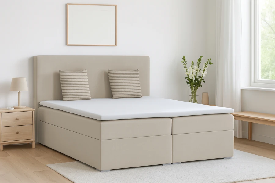 Sandfarbenes Boxspringbett in einem modernen Schlafzimmer mit Holzmöbeln und hellem Ambiente.