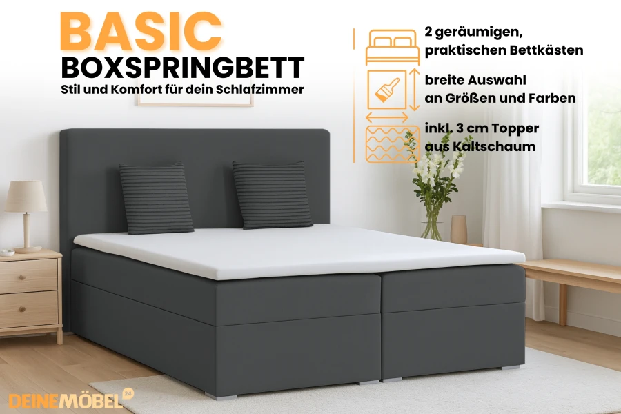 Boxspringbett Basic im Schlafzimmer mit Topper und praktischem Bettkasten-System.