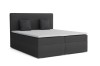 Modernes anthrazitfarbenes Boxspringbett mit hohem Kopfteil vor weißem Hintergrund.