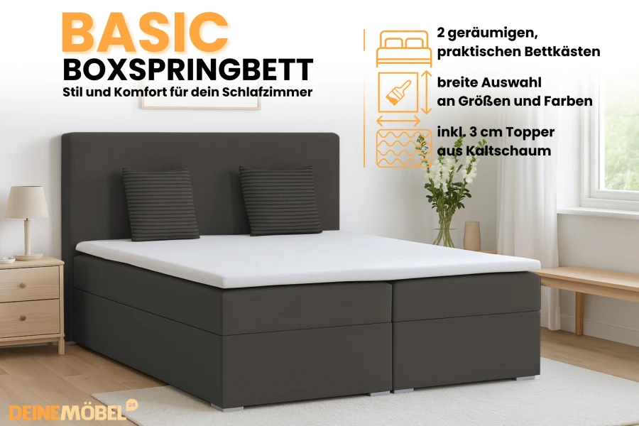 Basic Boxspringbett in Dunkelgrau mit Bettkästen und Kaltschaum-Topper für das Schlafzimmer.