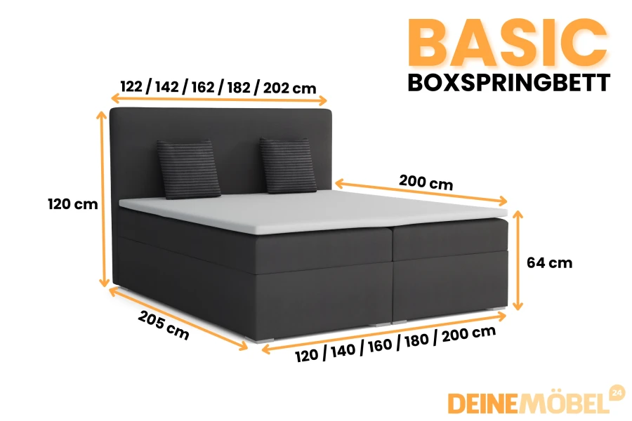 Maßgrafik für das Basic Boxspringbett in verschiedenen Größen.