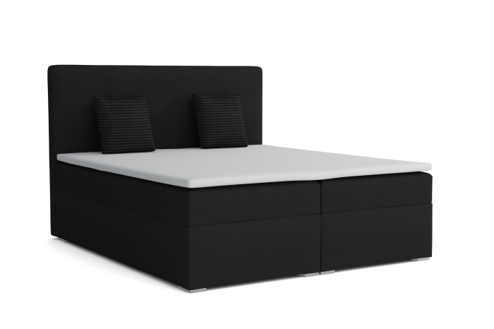 Elegant boxspringbed in zwart met twee kussens en topper, vooraanzicht links.