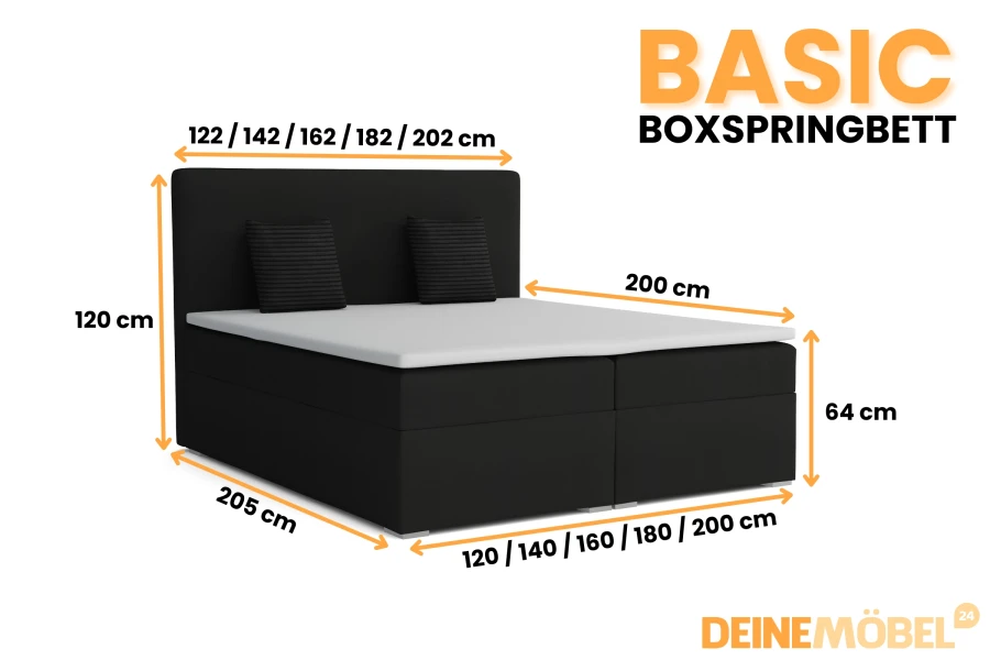 Overview of the dimensions and sizes of the Basic boxspring bed with height and width specifications.