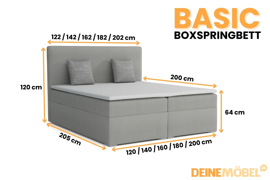 Grey BASIC boxspring bed with detailed dimensions for various widths and heights.
