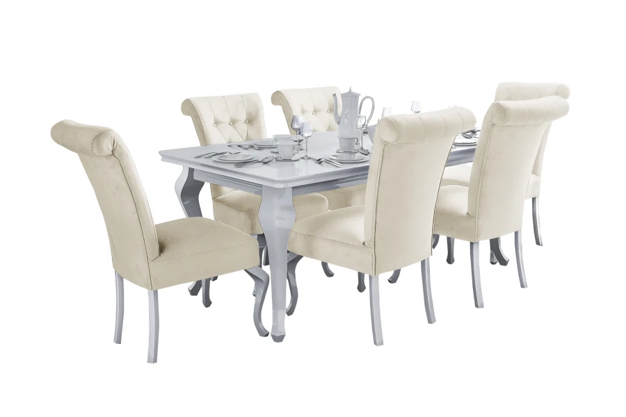 Esszimmer-Set Luise mit weißem Tisch und 6 beigen Polsterstühlen.