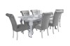 Moderne Essgruppe Luise mit weißem Tisch und 6 grauen Samtstühlen.