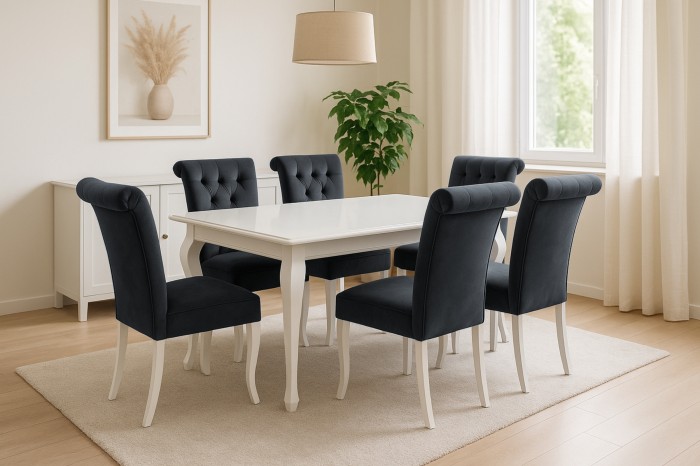 Gemütliches Esszimmer-Set Luise mit weißem Tisch und grauen Chesterfield-Stühlen.