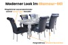 Modernes Esszimmer-Set im Glamour-Stil mit anthrazitfarbenen Samtstühlen und weißem Esstisch.