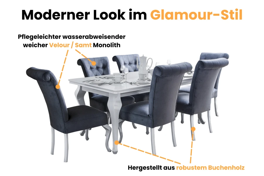 Modernes Esszimmer-Set im Glamour-Stil mit anthrazitfarbenen Samtstühlen und weißem Esstisch.