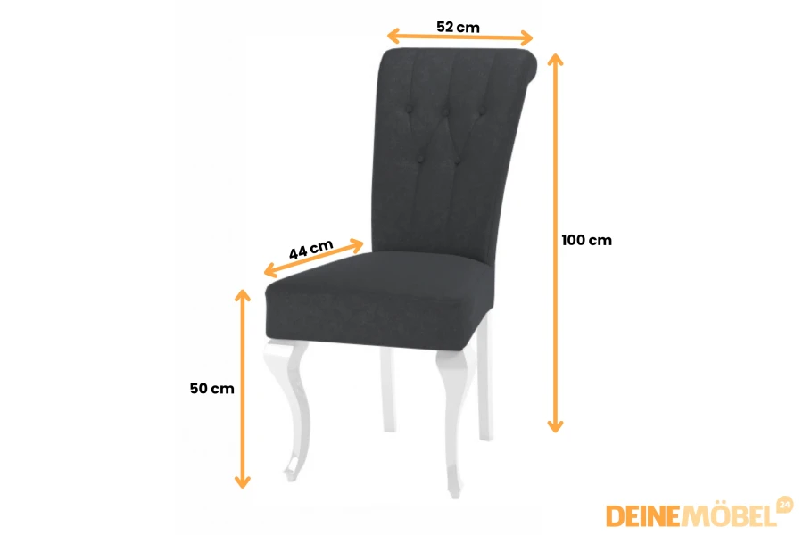 Abmessungen des Polsterstuhls: 100 cm Höhe, 52 cm Breite und 50 cm Sitzhöhe für optimalen Komfort.
