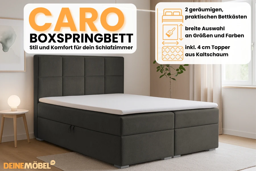 Eigenschaften des Caro Boxspringbetts: 2 Bettkästen, Farbauswahl und inklusiver Kaltschaumtopper.