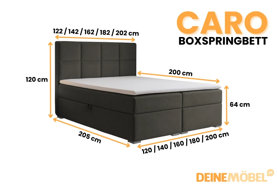 Maßskizze für das Boxspringbett Caro mit Details zu Liegehöhe, Breite und Gesamttiefe.