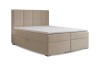 Beiges Boxspringbett mit Bettkasten und gestepptem Kopfteil auf weißem Hintergrund