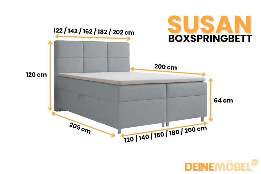Maßgrafik für das Boxspringbett Susan mit verschiedenen Breiten von 120cm bis 200cm.