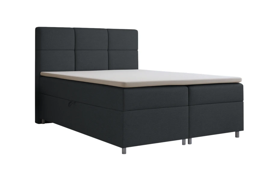 Modernes Boxspringbett Susan in Anthrazit mit gepolstertem Kopfteil und weißem Topper.