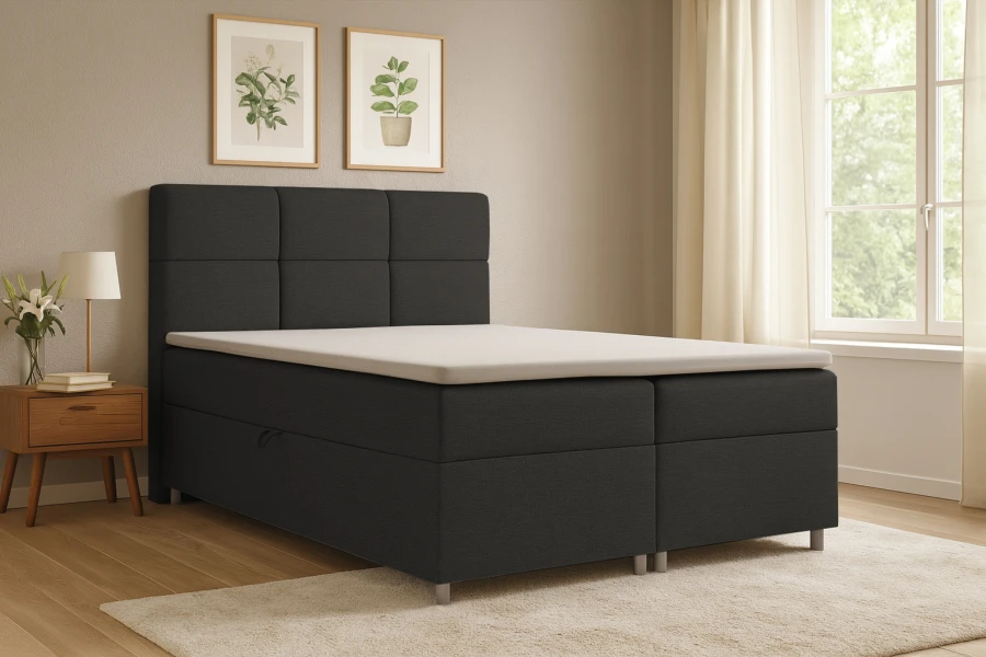 Modernes Schlafzimmer mit Boxspringbett in Dunkelgrau und Teppich