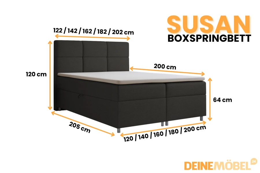 Afmetingen van het boxspringbed Susan: Alle maten en afmetingen overzichtelijk weergegeven.