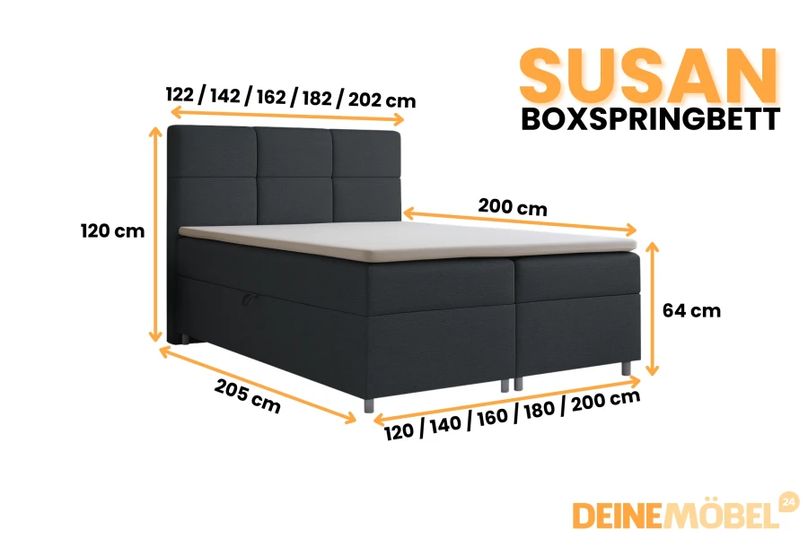 Afmetingen van het boxspringbed Susan in donkergrijs met verschillende maataanduidingen.