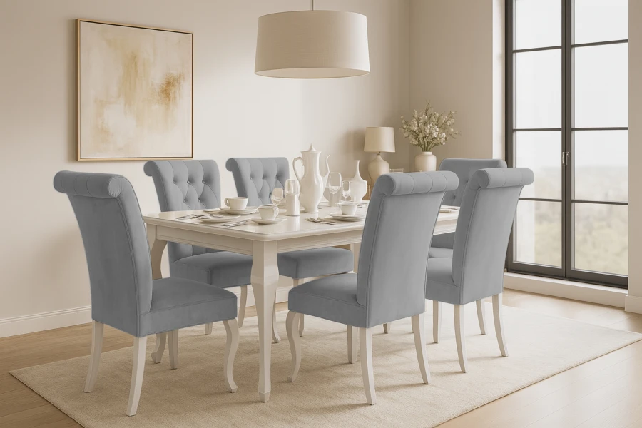 Modernes Esszimmer-Set mit weißem Tisch und sechs hellblauen Polsterstühlen im Landhausstil.