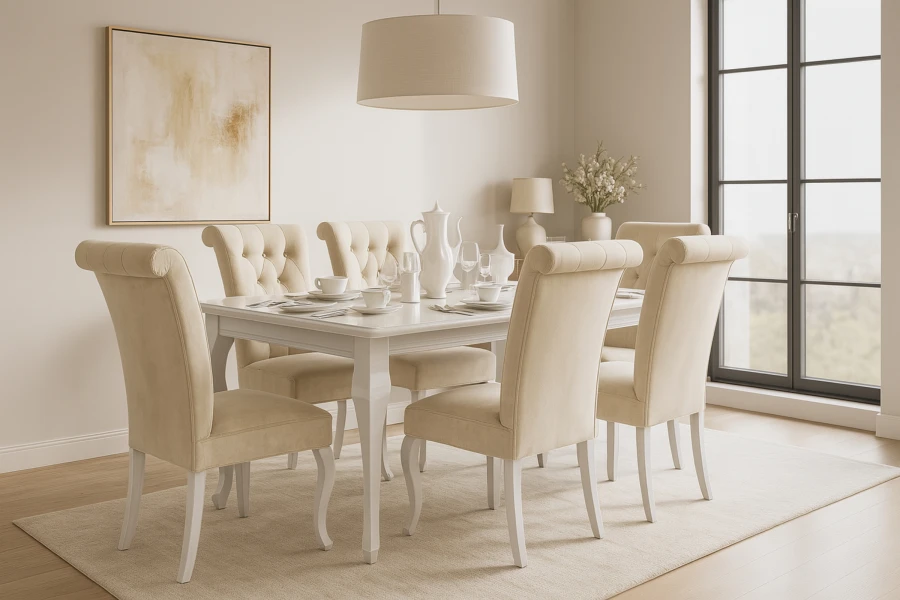 Elegantes Esszimmer-Set mit beigen Polsterstühlen und weißem Esstisch in hellem Ambiente.