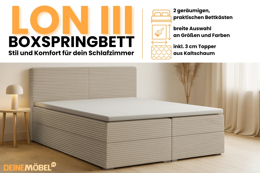 Lon III Boxspringbett in Beige mit praktischen Bettkästen und Kaltschaum-Topper von Deinemöbel24.