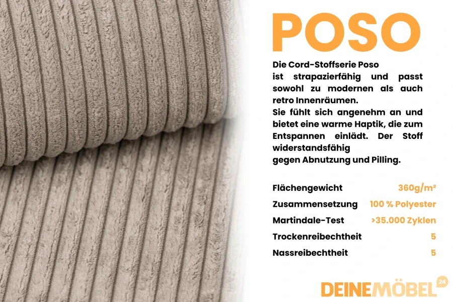 Technische Daten und Eigenschaften der Cord-Stoffserie Poso für Möbel.