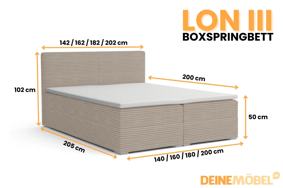 Abmessungen und Maße des Lon III Boxspringbetts in verschiedenen Größen.