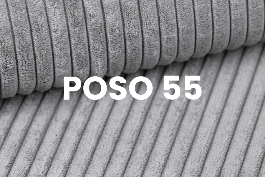 Nahaufnahme von grauem Cordstoff POSO 55 für Sofas und Betten.