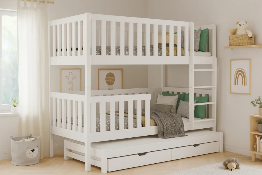 Weißes Kinder-Etagenbett aus Massivholz mit drittem Schlafplatz und Schubladen.