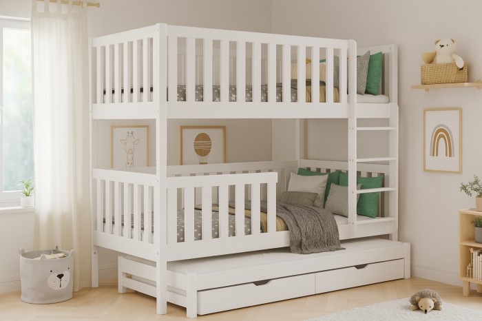 Weißes Kinder-Etagenbett aus Holz mit ausziehbarer Bettschublade in gemütlicher Atmosphäre.