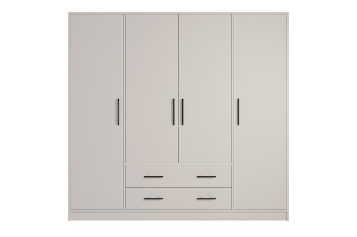 Moderner 4-türiger Kleiderschrank in Beige mit zwei Schubladen und schwarzen Griffen