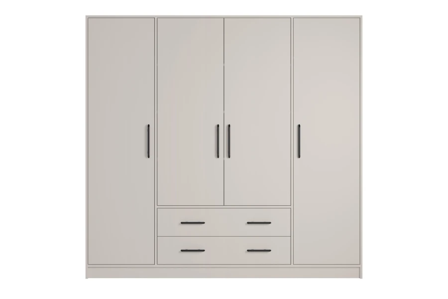 Moderner 4-türiger Kleiderschrank in Beige mit eleganten schwarzen Griffen und Schubladen.